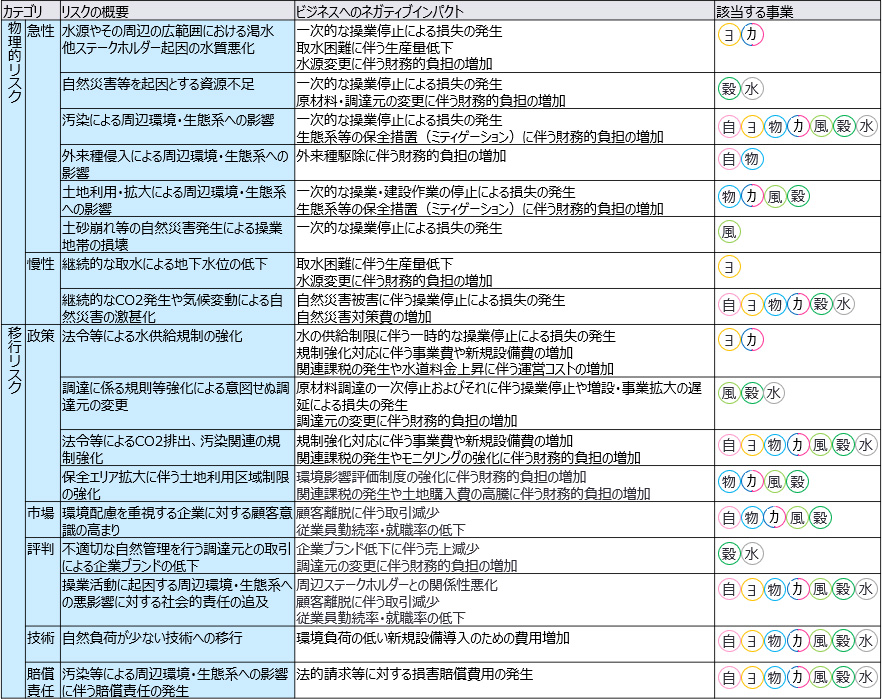 リスクのカテゴリごとにリスクの概要、ビジネスへのネガティブインパクト、該当する事業を一覧にした表